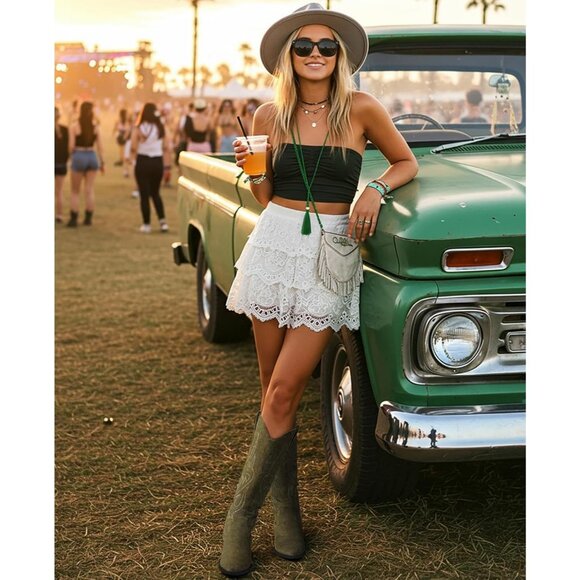 Women's Green Knee High Wide Calf Cowgirl Boots Slip On Pointed Toe Chunky Heel - Picture 2 of 6